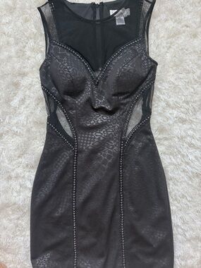 Black Embellished Mesh-Panel Body-Con Dress